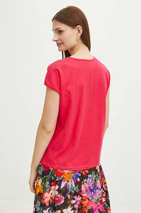 T-shirt bawełniany damski z ozdobnymi wstawkami kolor różowy 100 % Bawełna