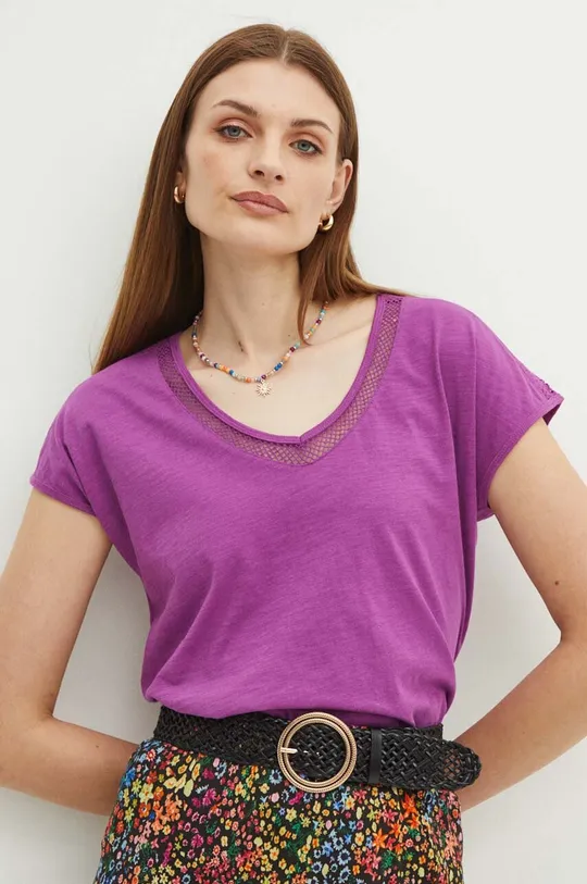 fioletowy T-shirt bawełniany damski z ozdobnymi wstawkami kolor fioletowy Damski