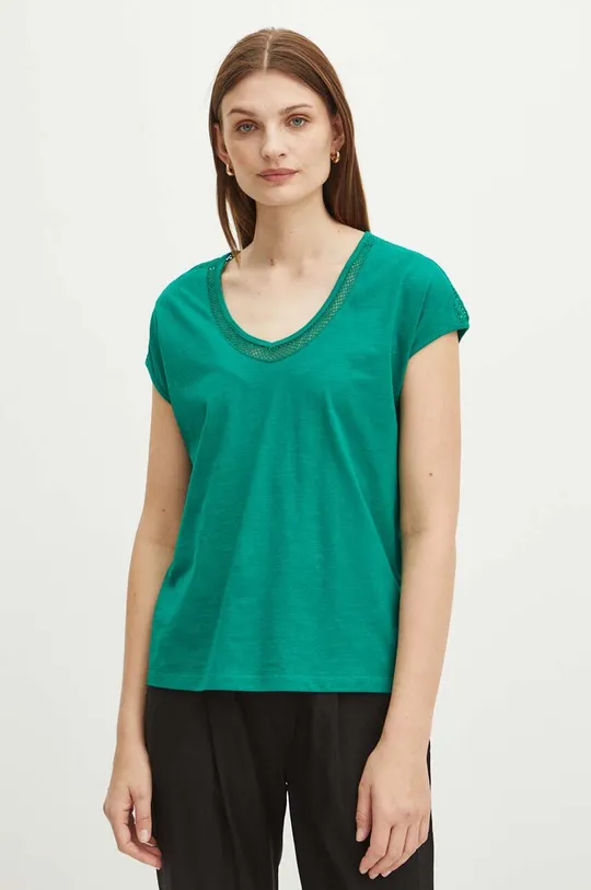 T-shirt bawełniany damski z ozdobnymi wstawkami kolor zielony zielony