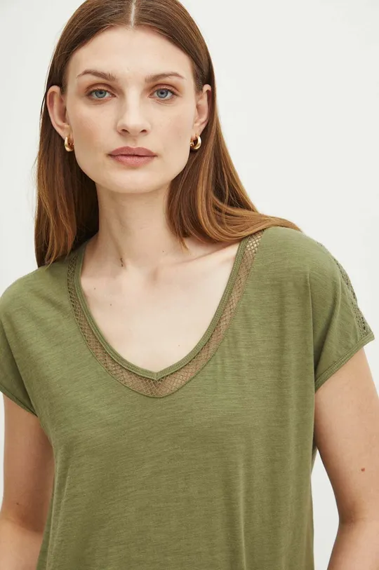 zielony T-shirt bawełniany damski z ozdobnymi wstawkami kolor zielony Damski