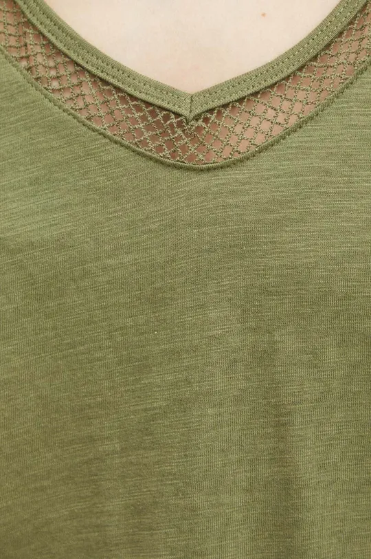 T-shirt bawełniany damski z ozdobnymi wstawkami kolor zielony Damski