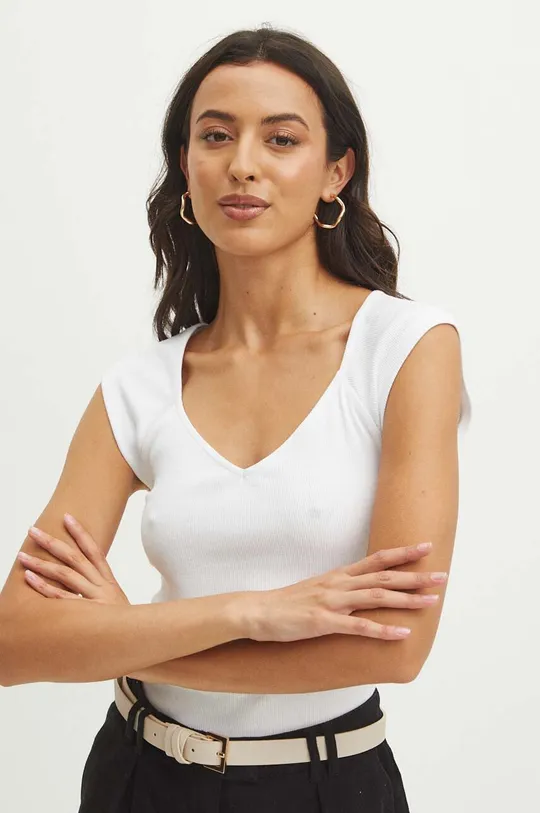 biały T-shirt bawełniany damski z domieszką elastanu prążkowany kolor biały
