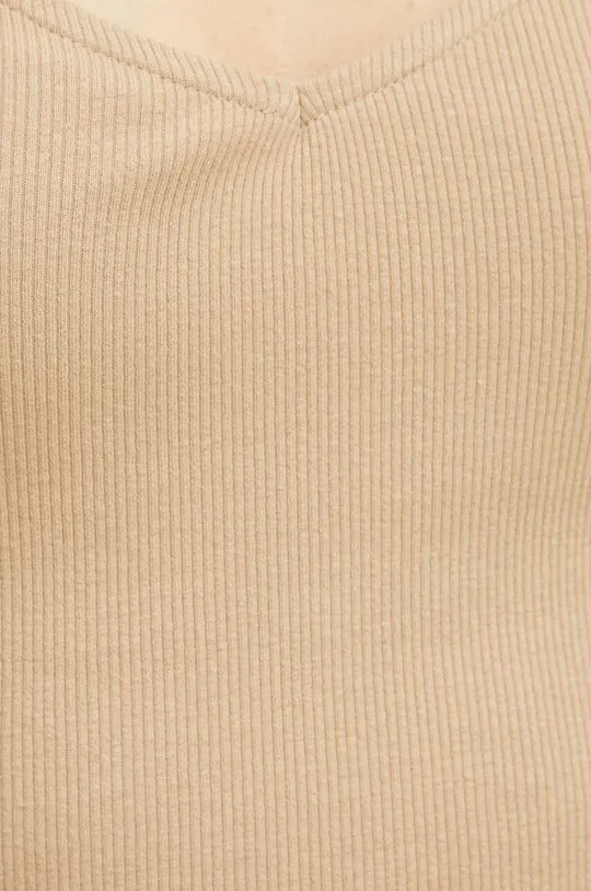 T-shirt bawełniany damski z domieszką elastanu prążkowany kolor beżowy