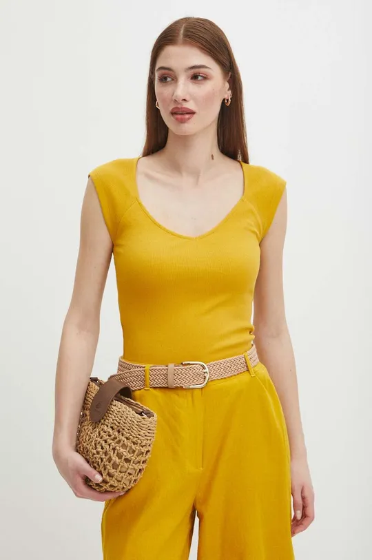 żółty T-shirt bawełniany damski z domieszką elastanu prążkowany kolor żółty