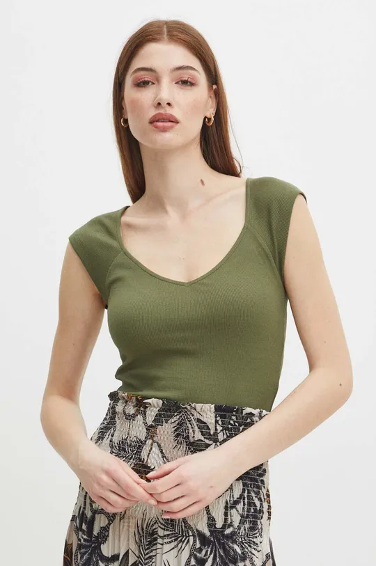 zelená Bavlnené tričko dámske s prímesou elastanu pruhované zelená farba