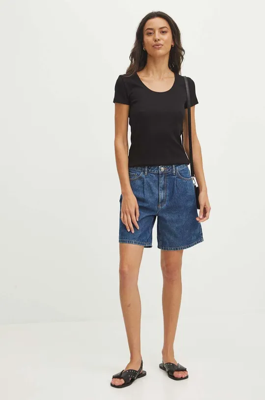 T-shirt damski prążkowany z domieszką elastanu i modalu kolor czarny czarny