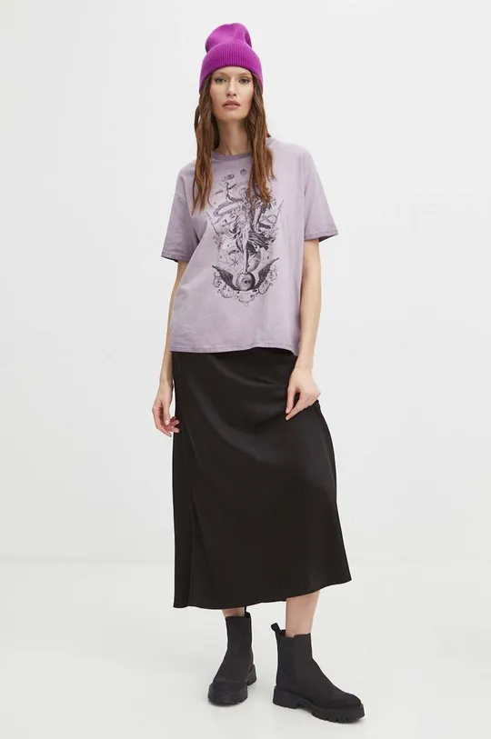 T-shirt bawełniany damski z kolekcji Zodiak - Panna kolor fioletowy 100 % Bawełna