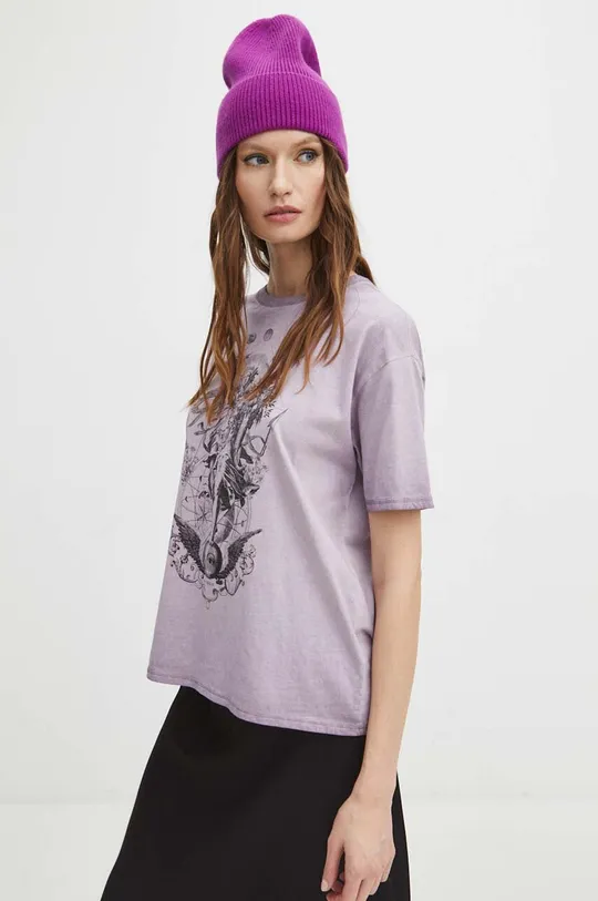 Bavlnené tričko dámske z kolekcie Zverokruh - Panna fialová farba Dámsky
