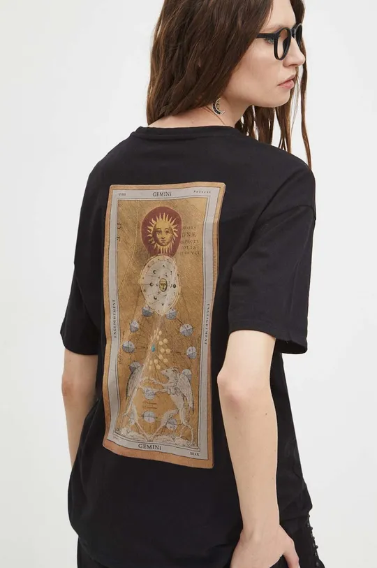 czarny T-shirt bawełniany damski z kolekcji Zodiak - Bliźnięta kolor czarny