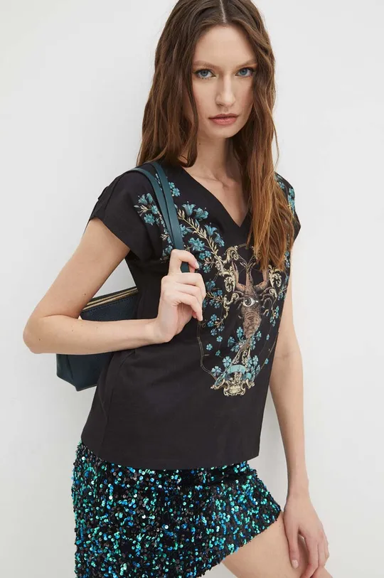 T-shirt bawełniany damski z kolekcji Zodiak - Rak kolor czarny czarny