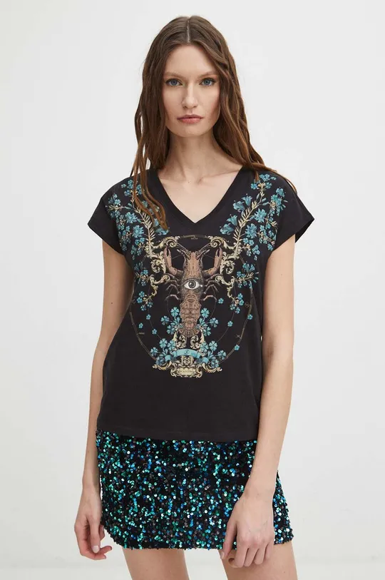 Bavlnené tričko dámske z kolekcie Zverokruh - Rak čierna farba Dámsky