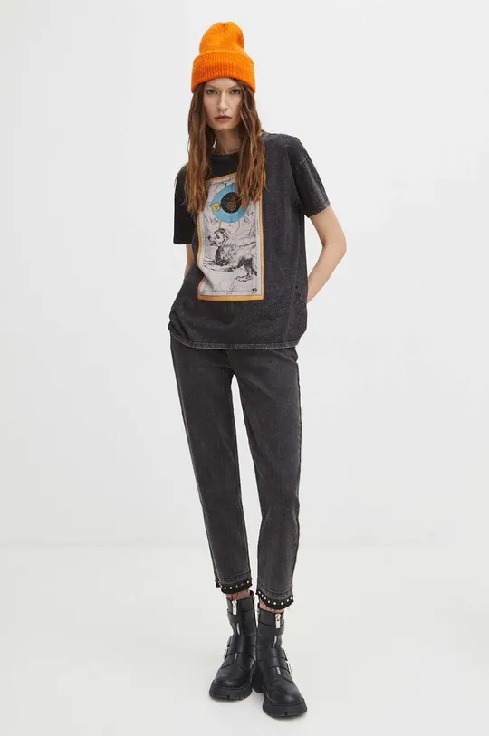 T-shirt bawełniany damski z kolekcji Zodiak - Lew kolor szary 100 % Bawełna