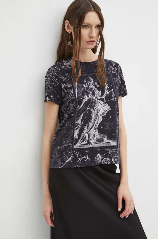 T-shirt bawełniany damski z kolekcji Zodiak - Waga kolor czarny czarny
