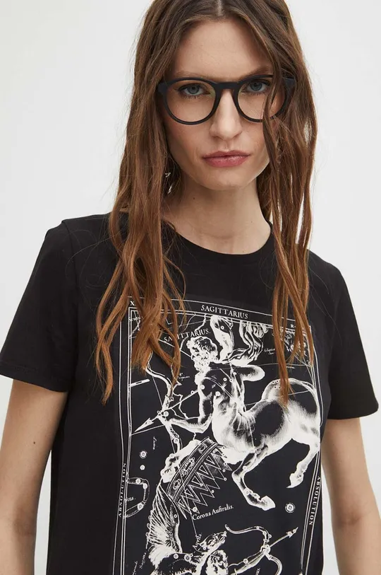 T-shirt bawełniany damski z domieszką elastanu z kolekcji Zodiak - Strzelec kolor czarny czarny