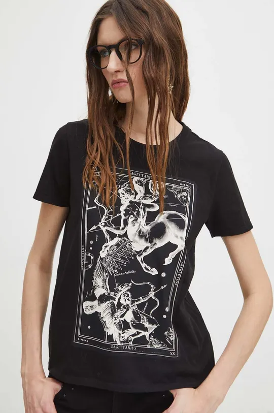 T-shirt bawełniany damski z domieszką elastanu z kolekcji Zodiak - Strzelec kolor czarny Damski