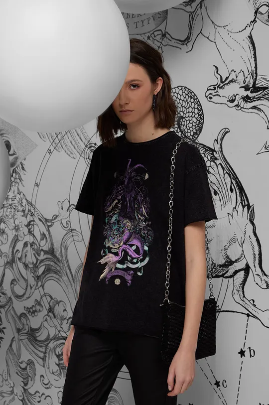 szary T-shirt bawełniany damski z kolekcji Zodiak - Koziorożec kolor szary Damski