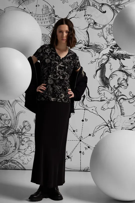 czarny T-shirt bawełniany damski z domieszką elastanu z kolekcji Zodiak kolor czarny Damski