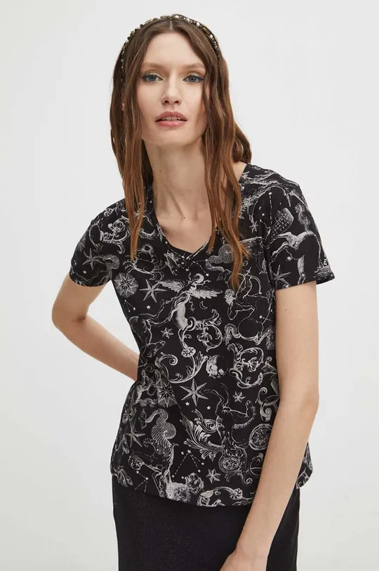 T-shirt bawełniany damski z domieszką elastanu z kolekcji Zodiak kolor czarny czarny