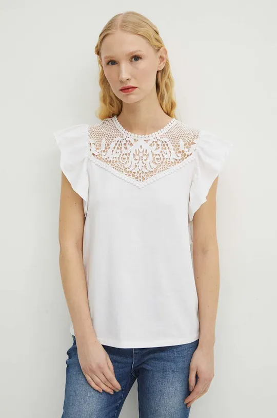 biały T-shirt bawełniany damski z ozdobną aplikacją z koronki kolor biały