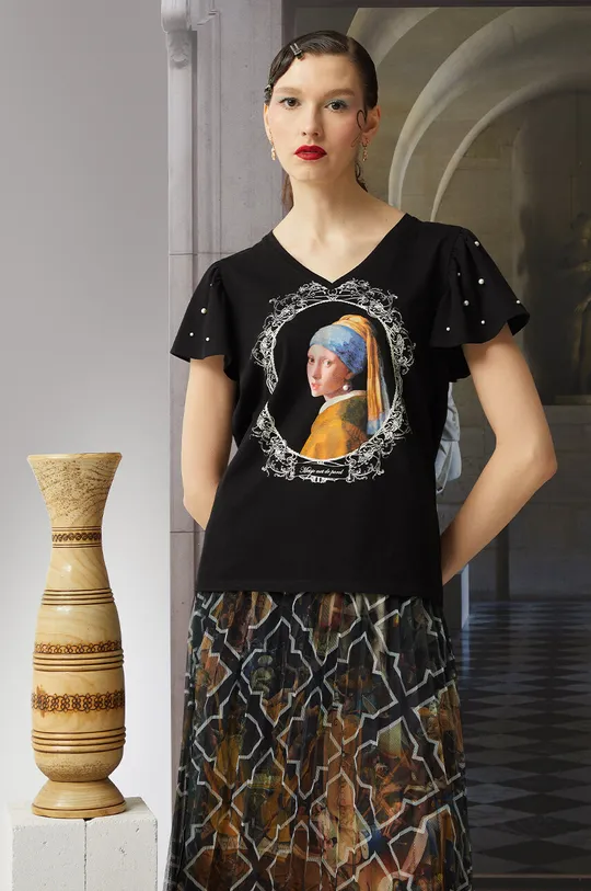 czarny T-shirt bawełniany damski z kolekcji Eviva L'arte kolor czarny Damski