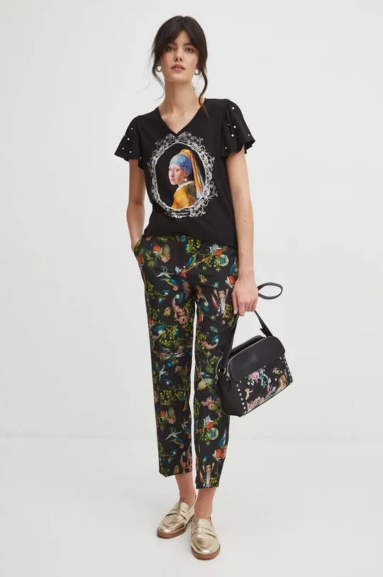 T-shirt bawełniany damski z kolekcji Eviva L'arte kolor czarny 100 % Bawełna