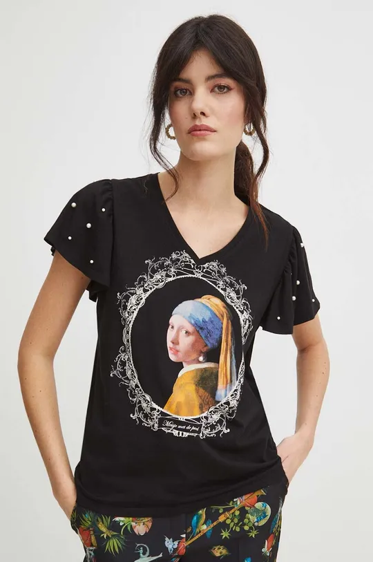 T-shirt bawełniany damski z kolekcji Eviva L'arte kolor czarny Damski