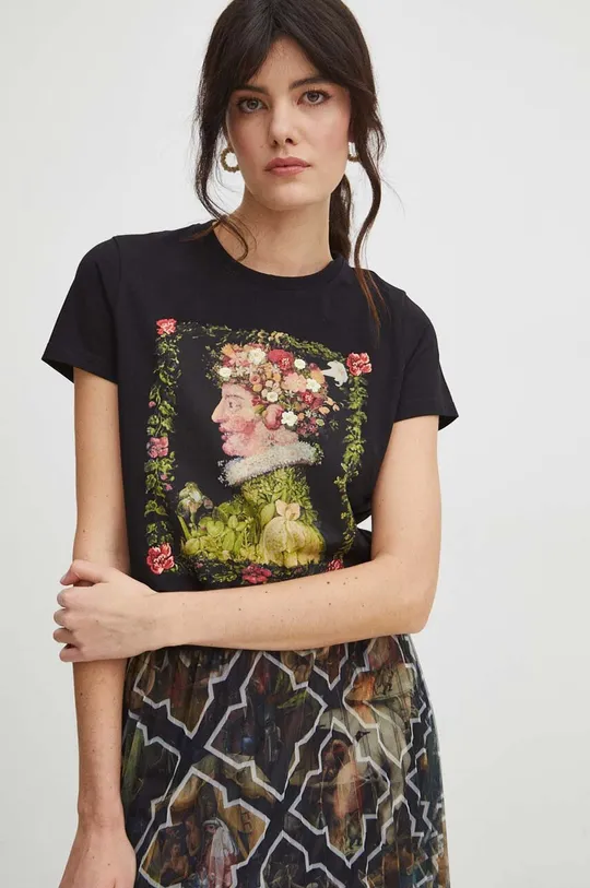 T-shirt bawełniany damski z domieszką elastanu z kolekcji Eviva L'arte kolor czarny czarny