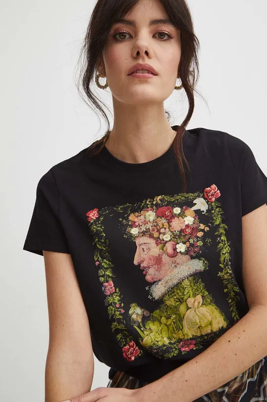 T-shirt bawełniany damski z domieszką elastanu z kolekcji Eviva L'arte kolor czarny Damski
