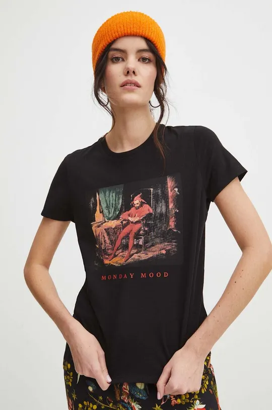 T-shirt bawełniany damski z domieszką elastanu z kolekcji Eviva L'arte kolor czarny czarny