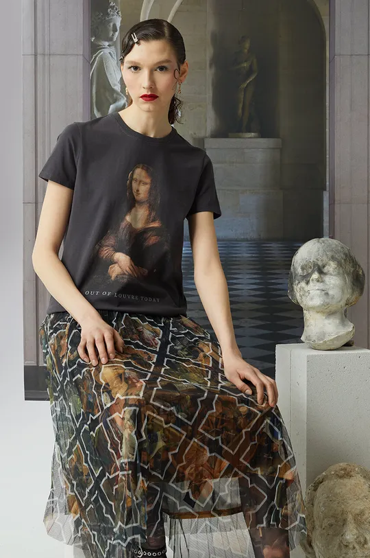 szary T-shirt bawełniany damski z domieszką elastanu z kolekcji Eviva L'arte kolor szary Damski