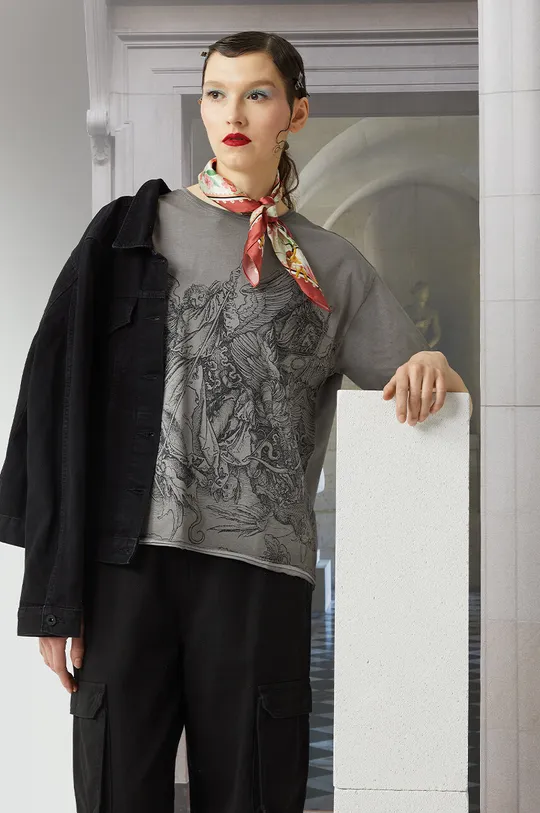 szary T-shirt bawełniany damski z kolekcji Eviva L'arte kolor szary Damski