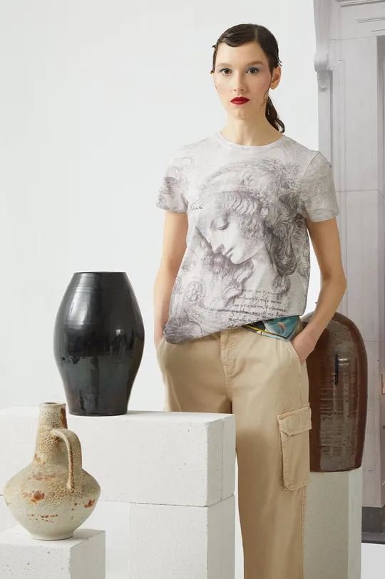 beżowy T-shirt bawełniany damski z kolekcji Eviva L'arte kolor beżowy Damski
