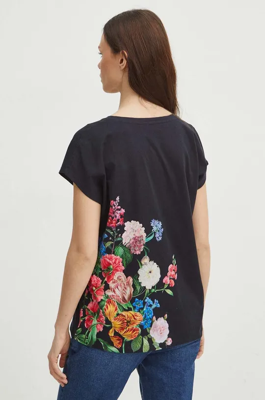 T-shirt bawełniany damski z nadrukiem w kwiaty kolor czarny 100 % Bawełna