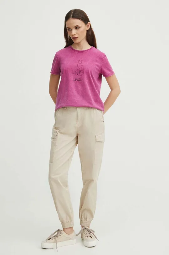 T-shirt bawełniany damski z kolekcji Dzień Kota kolor różowy różowy