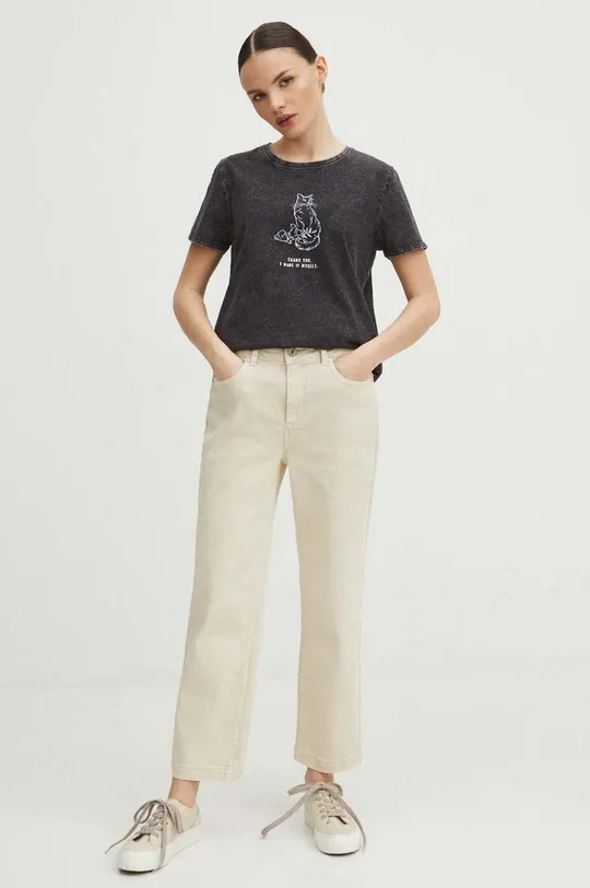 T-shirt bawełniany damski z kolekcji Dzień Kota kolor szary szary