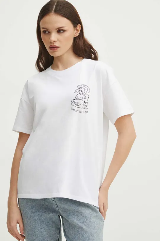 biały T-shirt bawełniany damski z domieszką elastanu z kolekcji Dzień Kota kolor biały