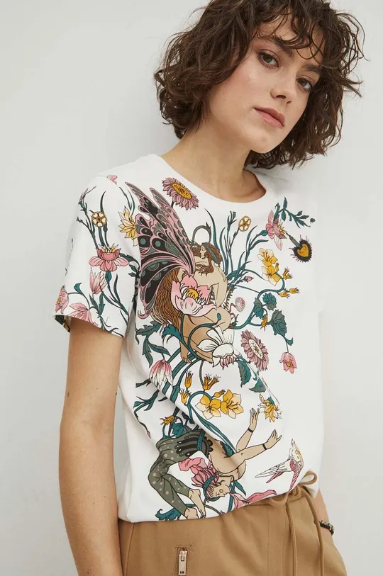 beżowy T-shirt bawełniany damski z nadrukiem kolor beżowy Damski