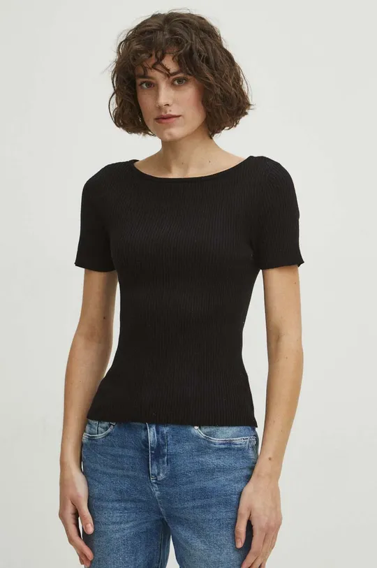 czarny T-shirt damski sweterkowy kolor czarny