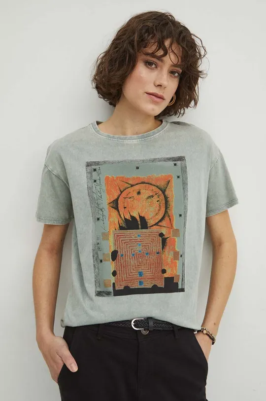 T-shirt bawełniany damski by Józef Hołard, Grafika Polska kolor turkusowy Damski