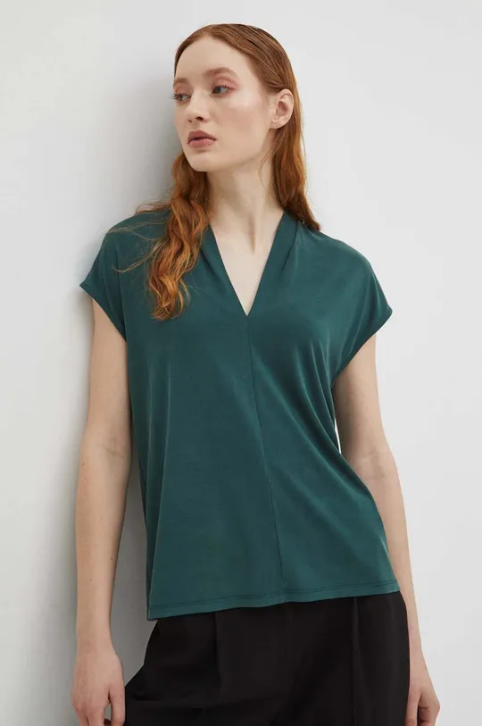 turkusowy T-shirt damski z domieszką elastanu gładki kolor zielony