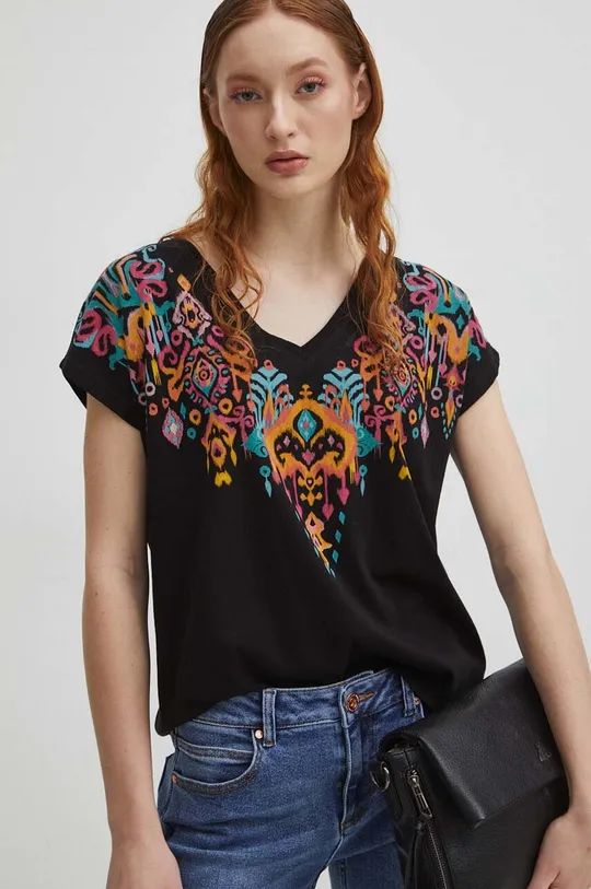 czarny T-shirt bawełniany damski z nadrukiem kolor czarny Damski