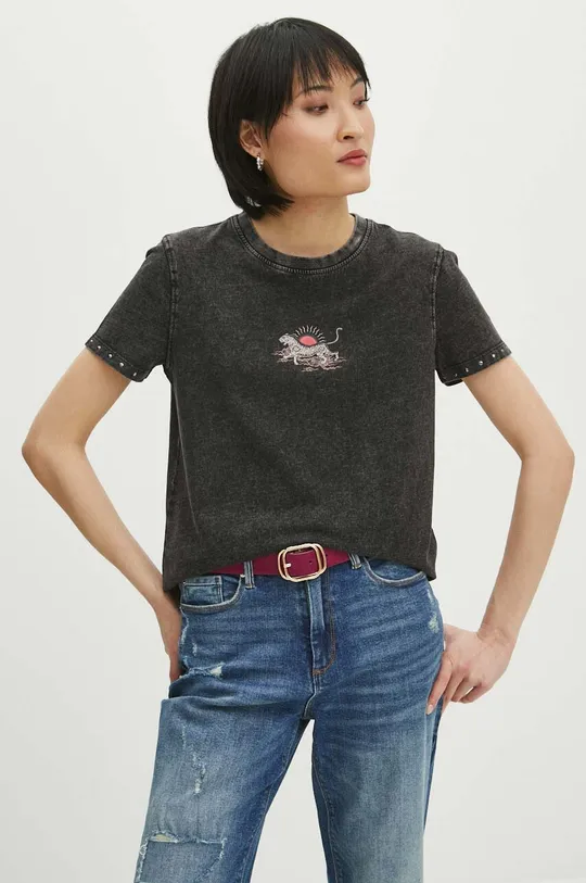 czarny T-shirt bawełniany damski z efektem sprania kolor czarny