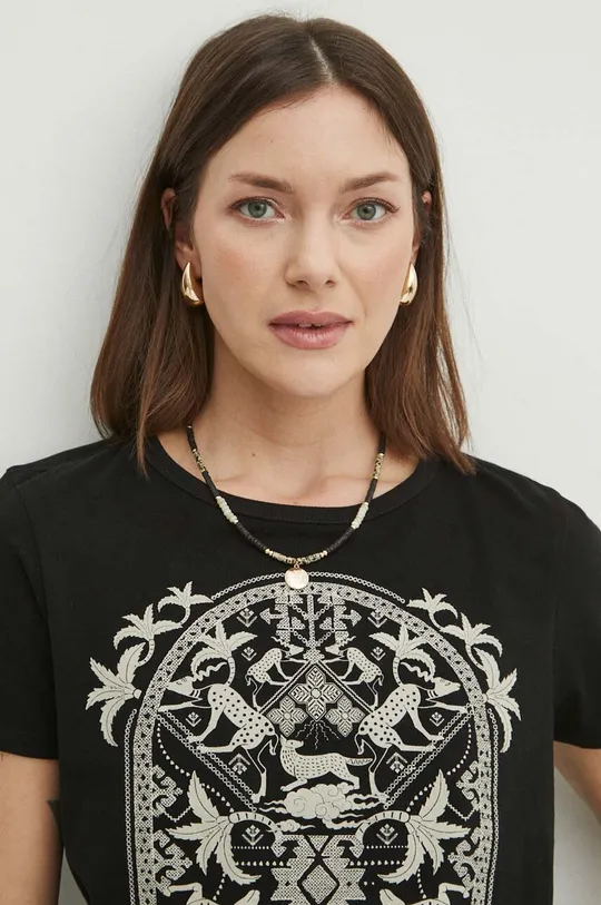 czarny T-shirt bawełniany damski z ozdobnym haftem kolor czarny Damski