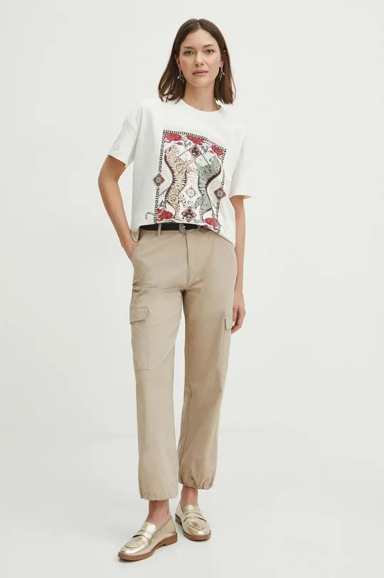 T-shirt bawełniany damski z nadrukiem kolor beżowy beżowy
