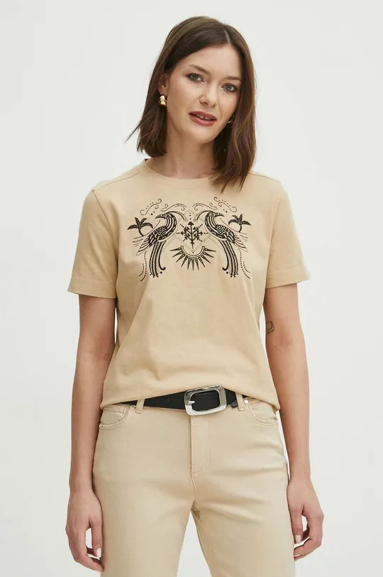 beżowy T-shirt bawełniany damski z ozdobną aplikacją kolor beżowy