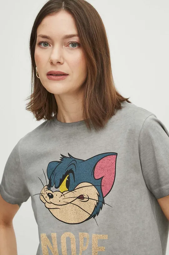 T-shirt bawełniany damski Tom and Jerry kolor szary