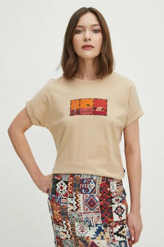 T-shirt bawełniany damski z kolekcji Jerzy Nowosielski x Medicine kolor beżowy beżowy