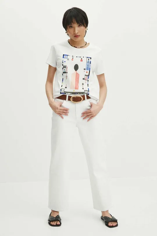 T-shirt bawełniany damski z domieszką elastanu z kolekcji Jerzy Nowosielski x Medicine kolor biały 95 % Bawełna, 5 % Elastan