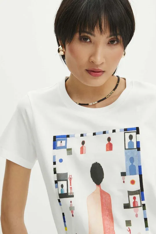 T-shirt bawełniany damski z domieszką elastanu z kolekcji Jerzy Nowosielski x Medicine kolor biały Damski