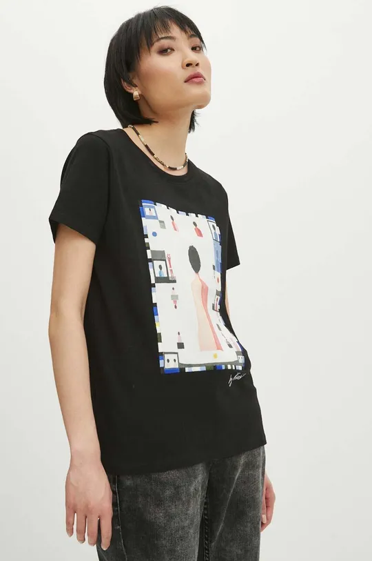 T-shirt bawełniany damski z domieszką elastanu z kolekcji Jerzy Nowosielski x Medicine kolor czarny czarny